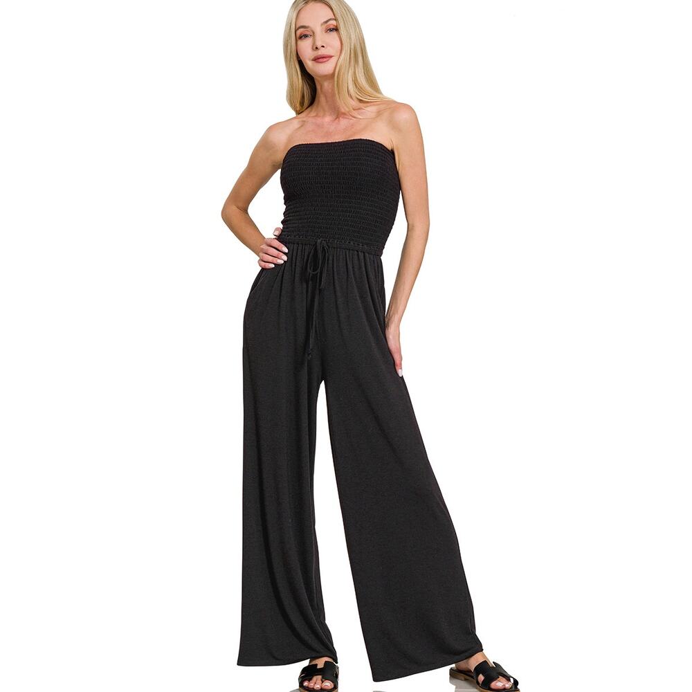 ZENANA WOMEN'S SMOCKED TUBE TOP JUMPSUIT BLACK NEW